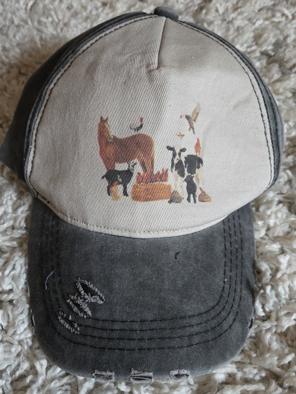 Beige and Charcoal Distressed Animal Graphic Baseball Cap